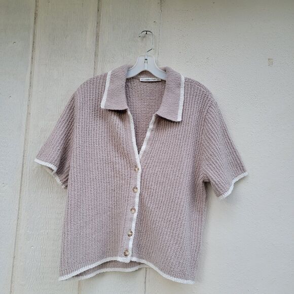 Abercrombie Fitch Tan/wht Button Up Collared Cardigan Shrt Sleeve Sweater Wmns L - Picture 1 of 4